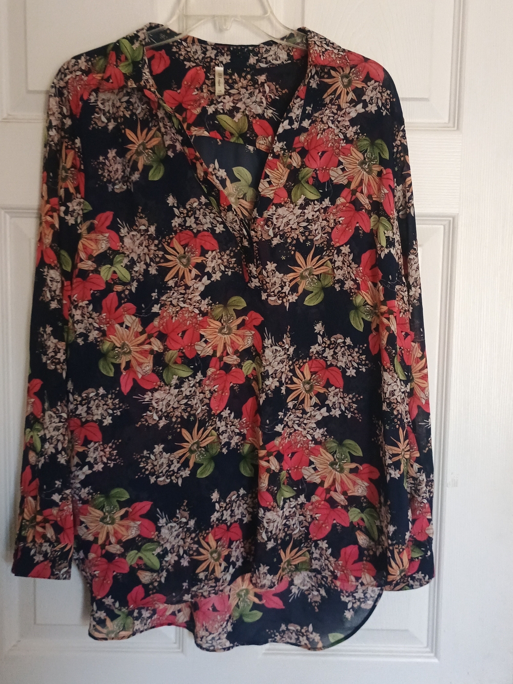 EUC DNA Couture Floral Print Semi Sheer V-Neck Long Sleeve Blouse Size 1X